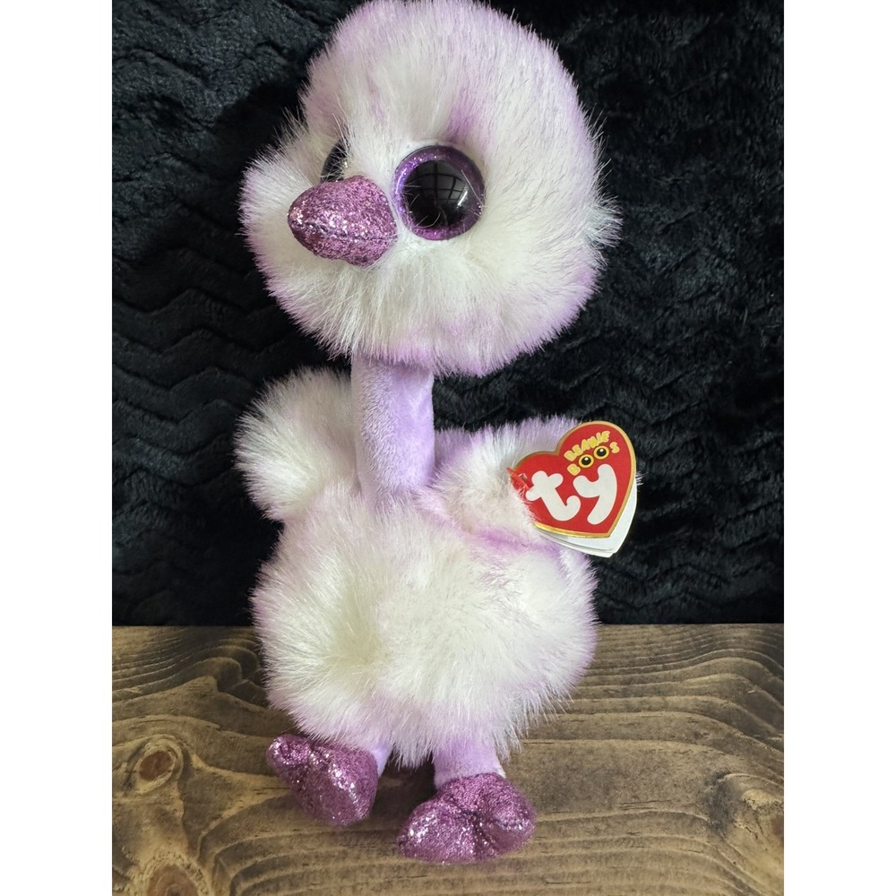 Ty Beanie Boos Kenya Ostrich Plush Purple White Glitter Eyes MWMT 9"